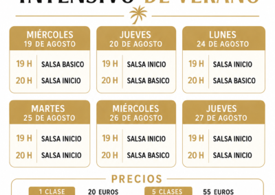 Horarios intensivos de verano 2026 agosto, clases de salsa cubana nivel 0 y nivel basico